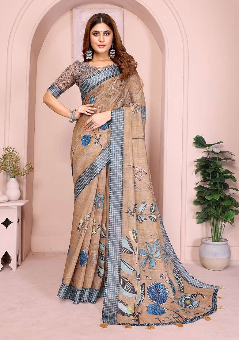 Cream Printed Linen Saree Set for Diwali and Festive Wear - Indya