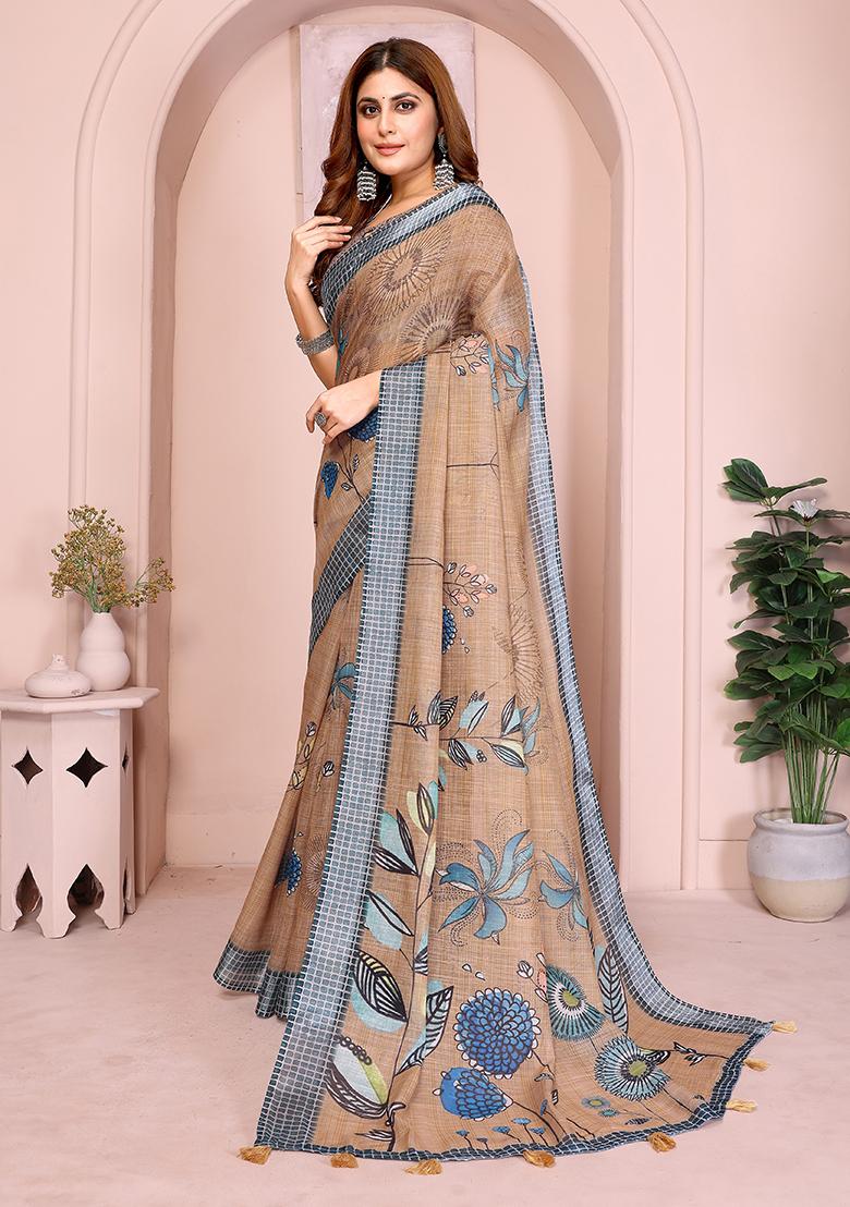 Cream Printed Linen Saree Set - Indya