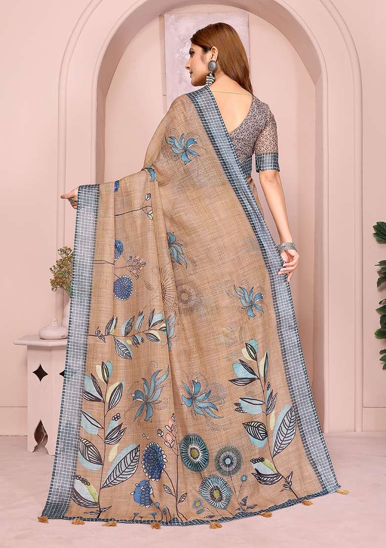 Cream Printed Linen Saree Set for Diwali and Festive Wear - Indya
