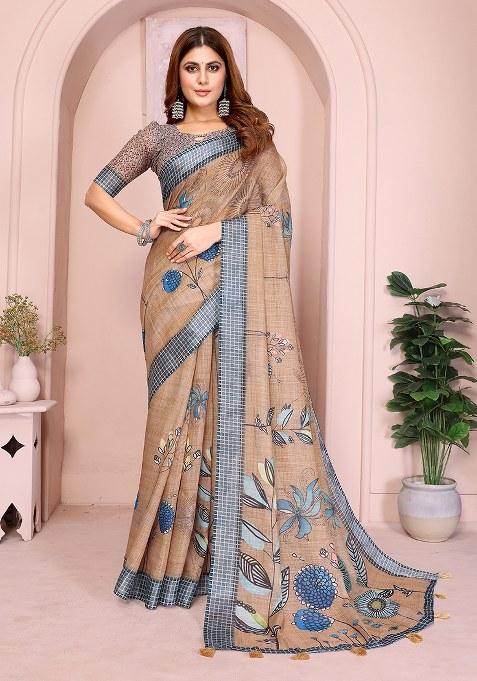 Cream Printed Linen Saree Set