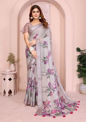Dark Grey Printed Linen Saree Set