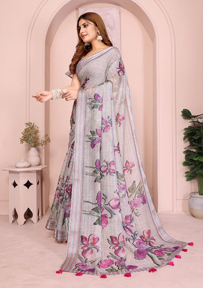 Dark Grey Printed Linen Saree Set - Indya
