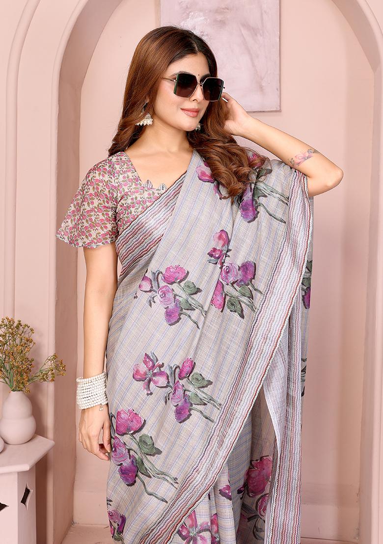 Dark Grey Printed Linen Saree Set - Indya