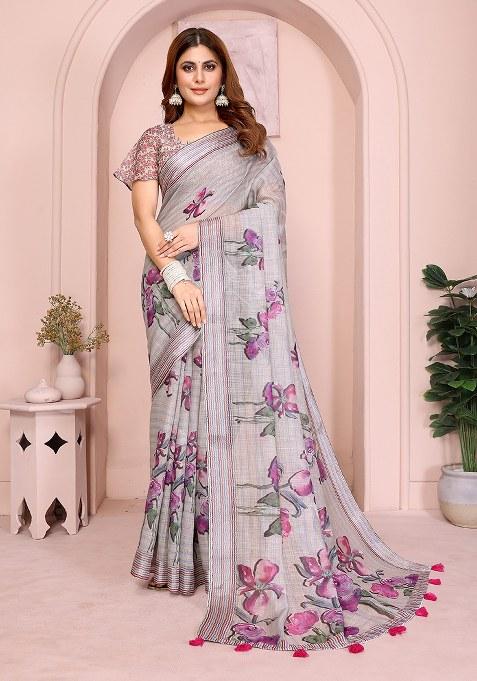 Dark Grey Printed Linen Saree Set