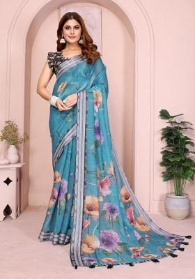 Dark Rama Printed Linen Saree Set