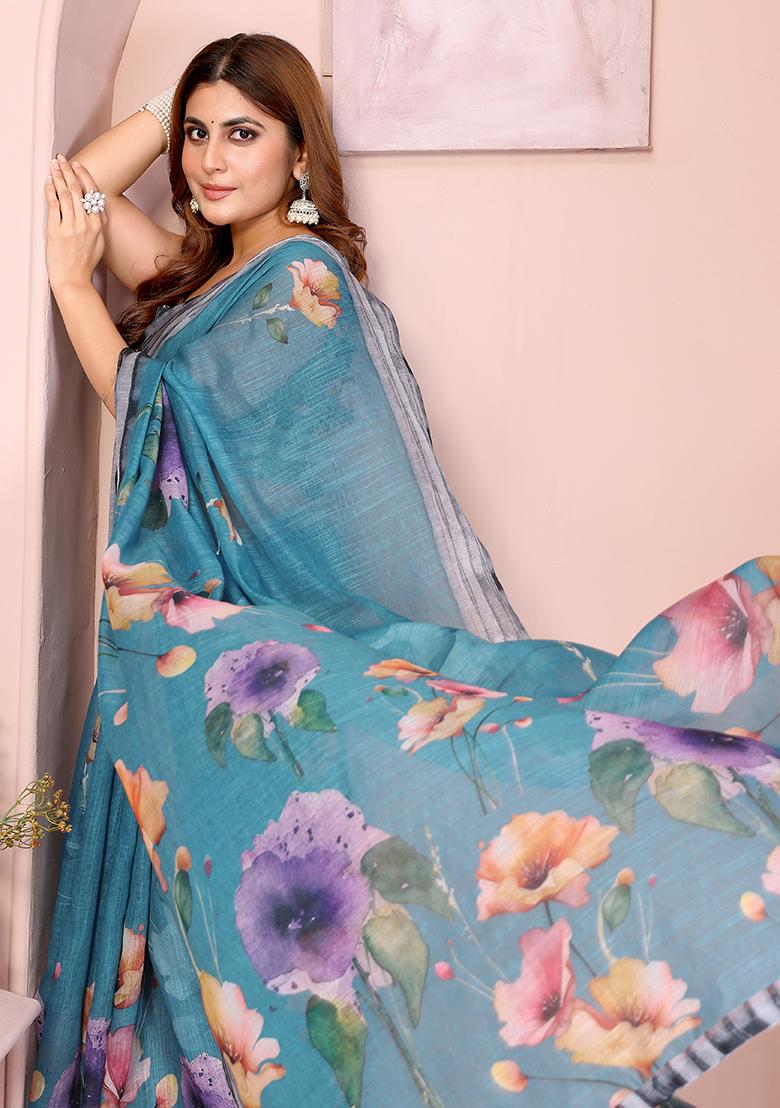 Dark Rama Printed Linen Saree Set - Indya