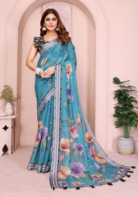 Dark Rama Printed Linen Saree Set