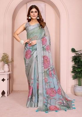 Grey Printed Linen Saree Set