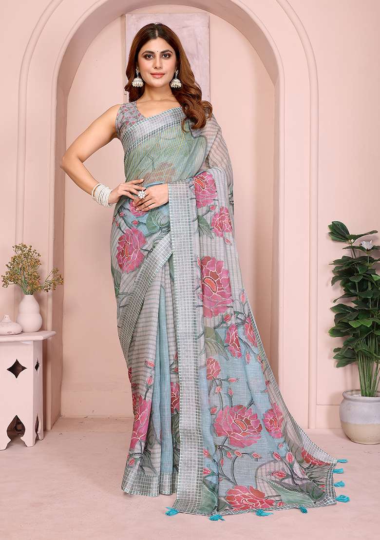 Grey Printed Linen Saree Set for Diwali and Festive Wear - Indya