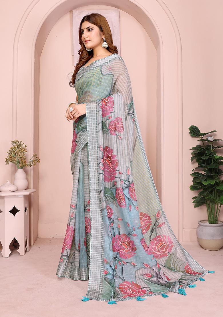 Grey Printed Linen Saree Set - Indya