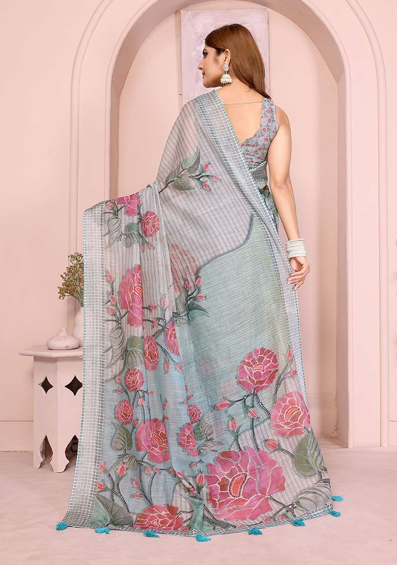Grey Printed Linen Saree Set for Diwali and Festive Wear - Indya