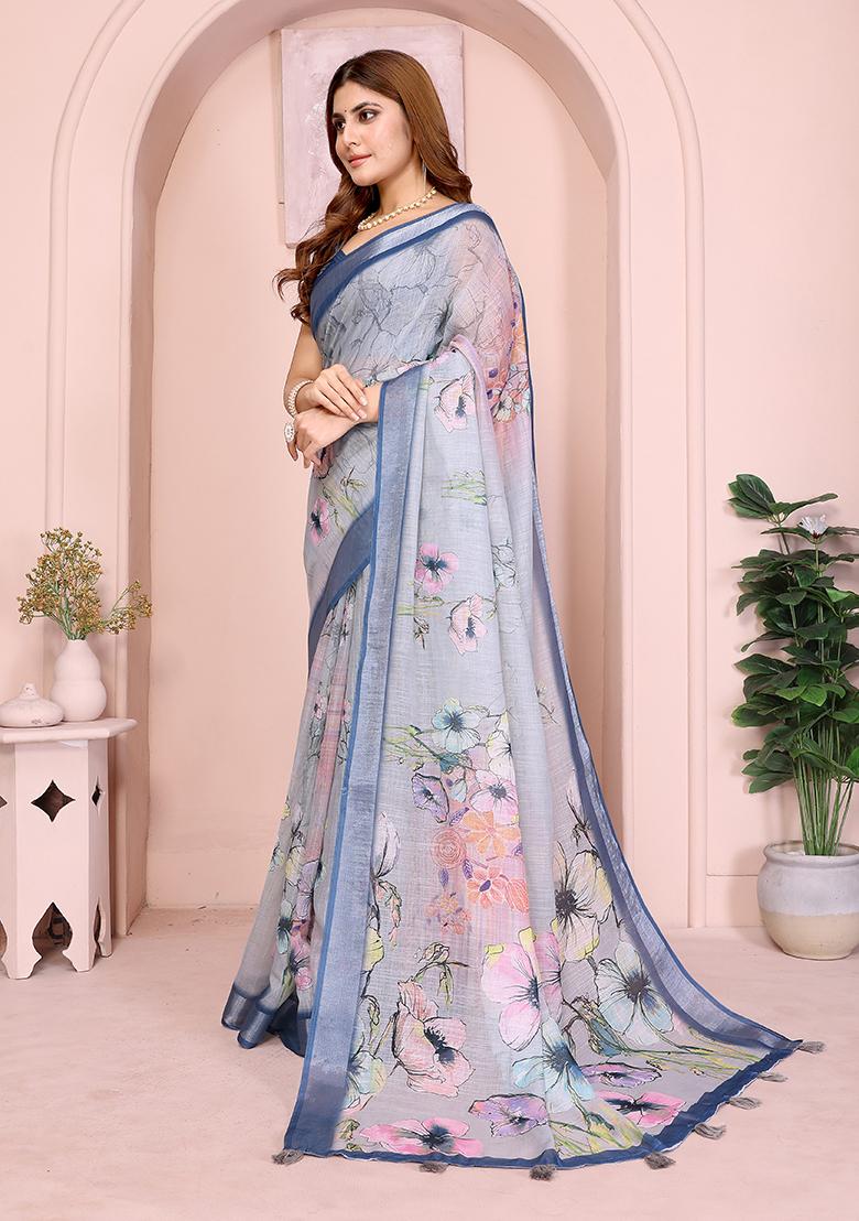 Light Grey Printed Linen Saree Set - Indya
