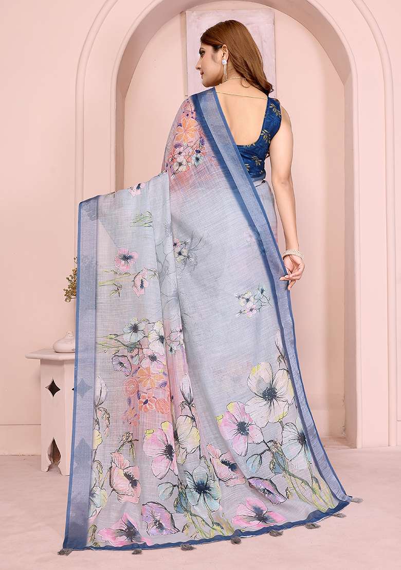 Light Grey Linen Saree Set with Printed for Diwali | Wedding & Festive Wear - Indya