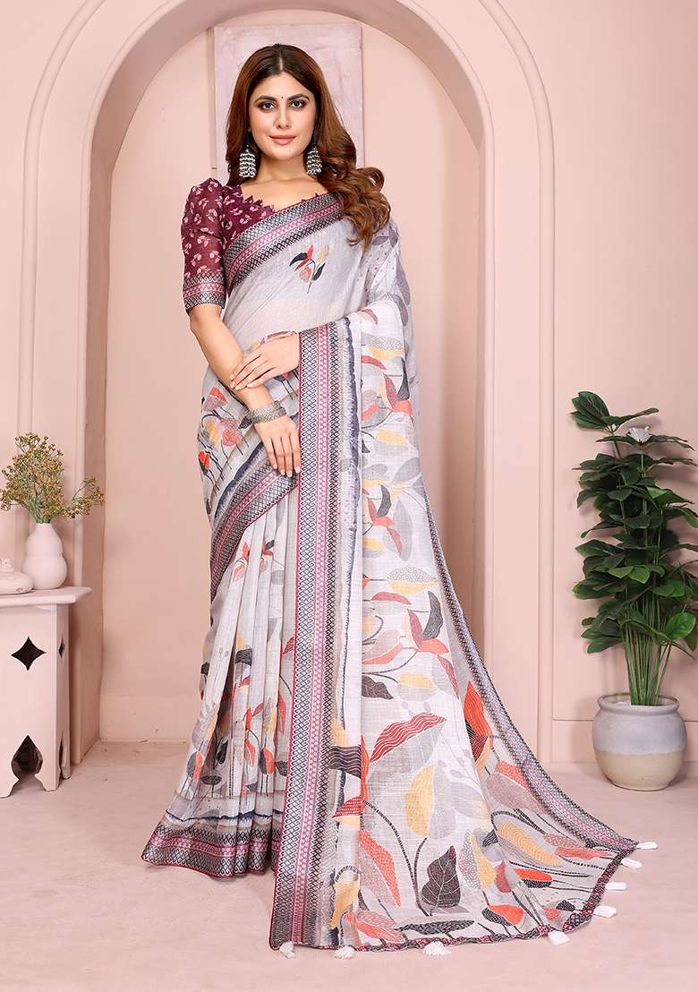Light Grey Linen Saree Set with Printed for Diwali | Wedding & Festive Wear - Indya