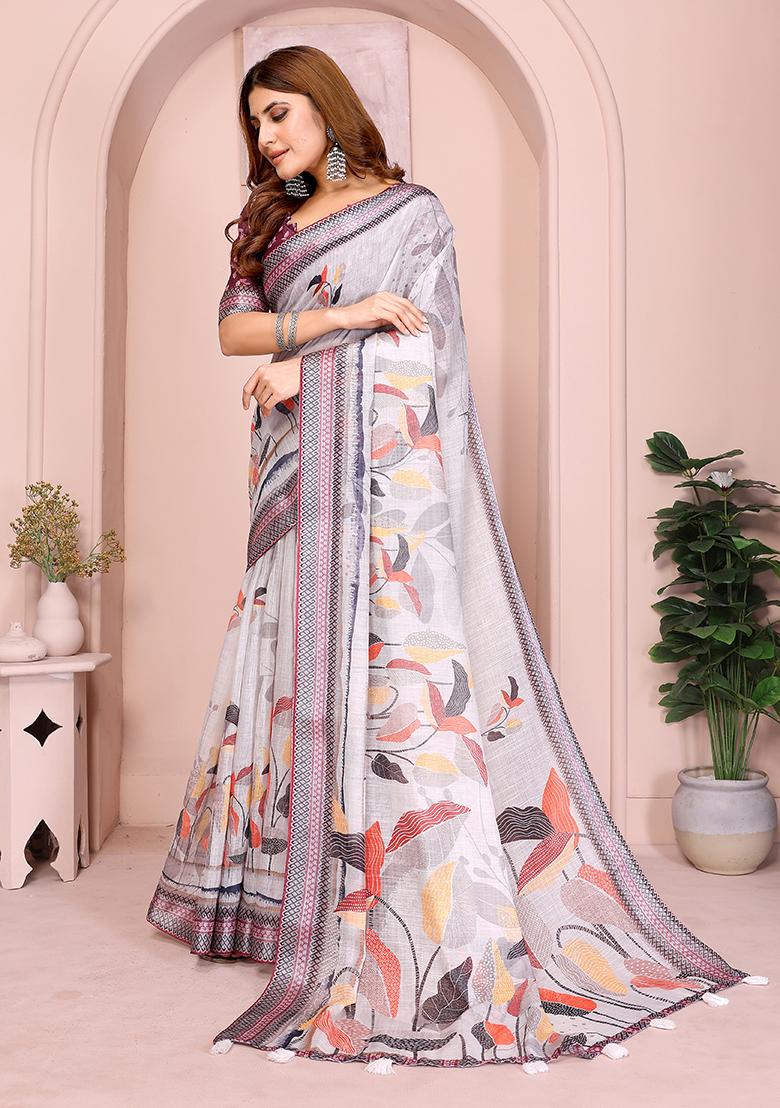 Light Grey Printed Linen Saree Set - Indya