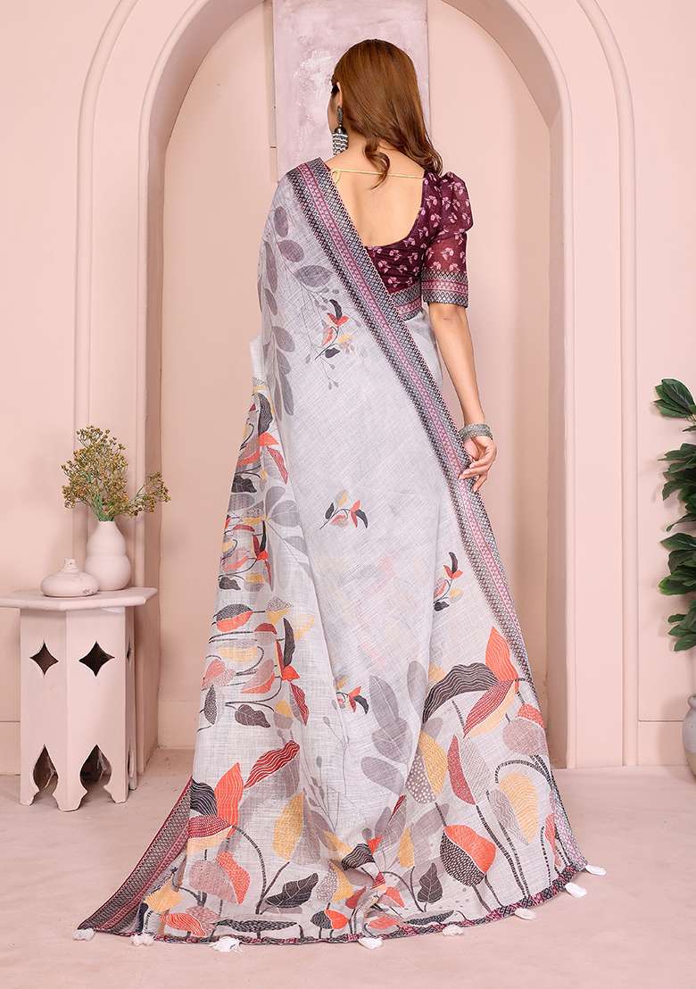 Light Grey Linen Saree Set with Printed for Diwali | Wedding & Festive Wear - Indya