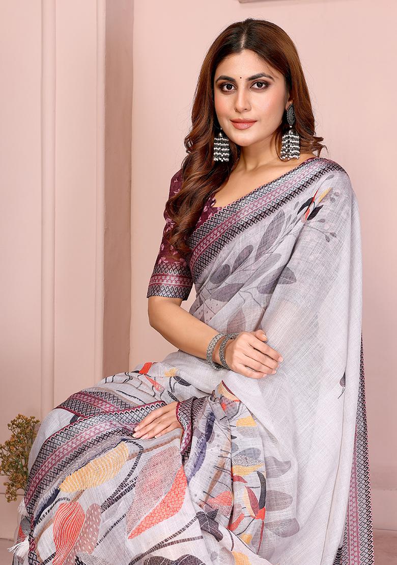Light Grey Printed Linen Saree Set - Indya