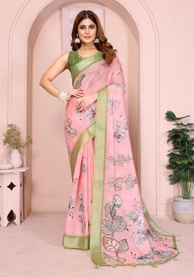 Pink Printed Linen Saree Set