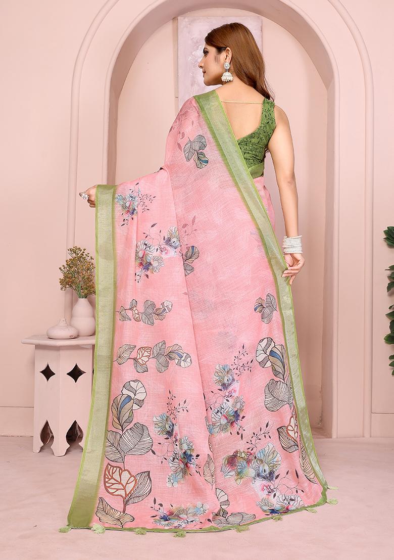 Pink Printed Linen Saree Set - Indya