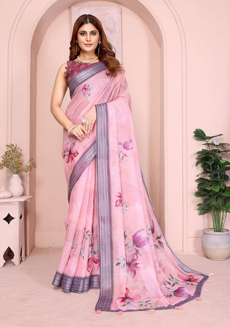 Pink Printed Linen Saree Set for Diwali and Festive Wear - Indya