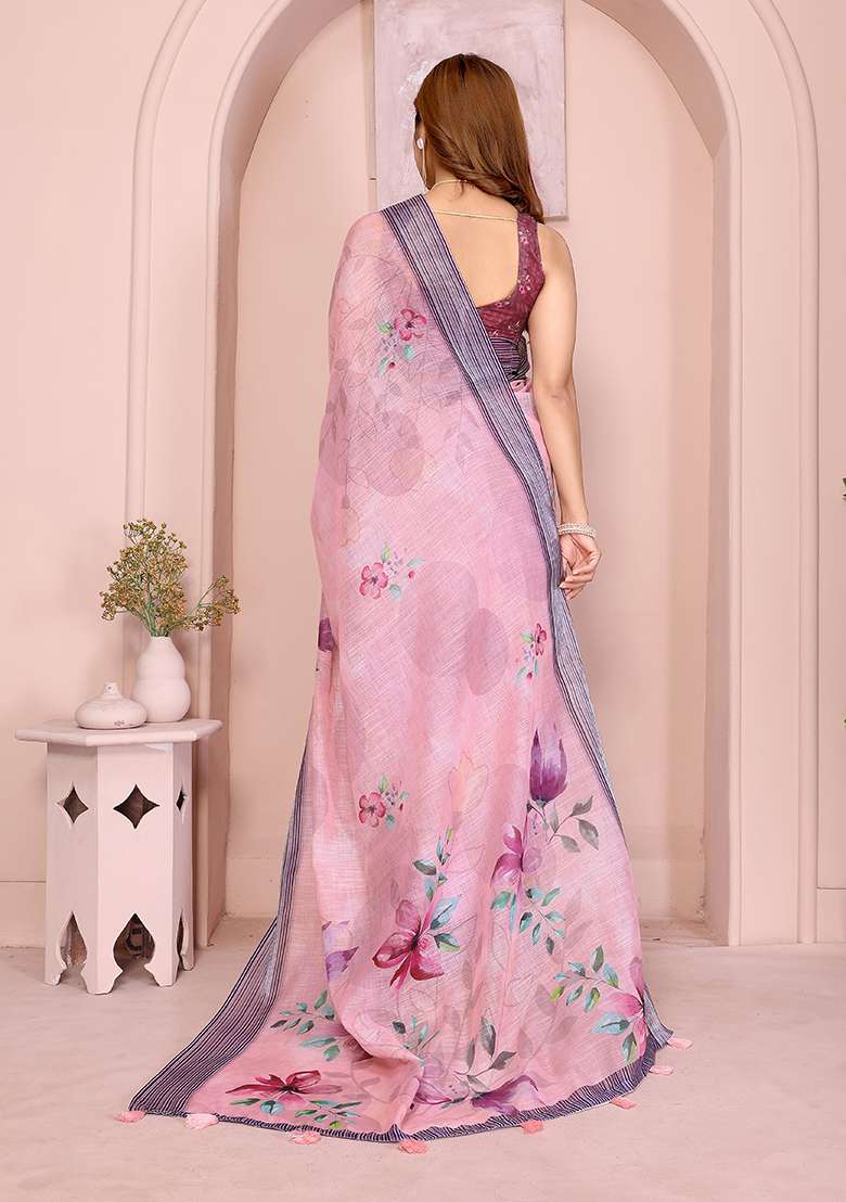 Pink Printed Linen Saree Set for Diwali and Festive Wear - Indya