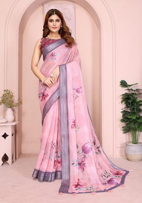 Pink Printed Linen Saree Set