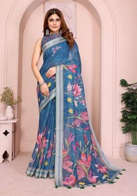 Sea Blue Printed Linen Saree Set