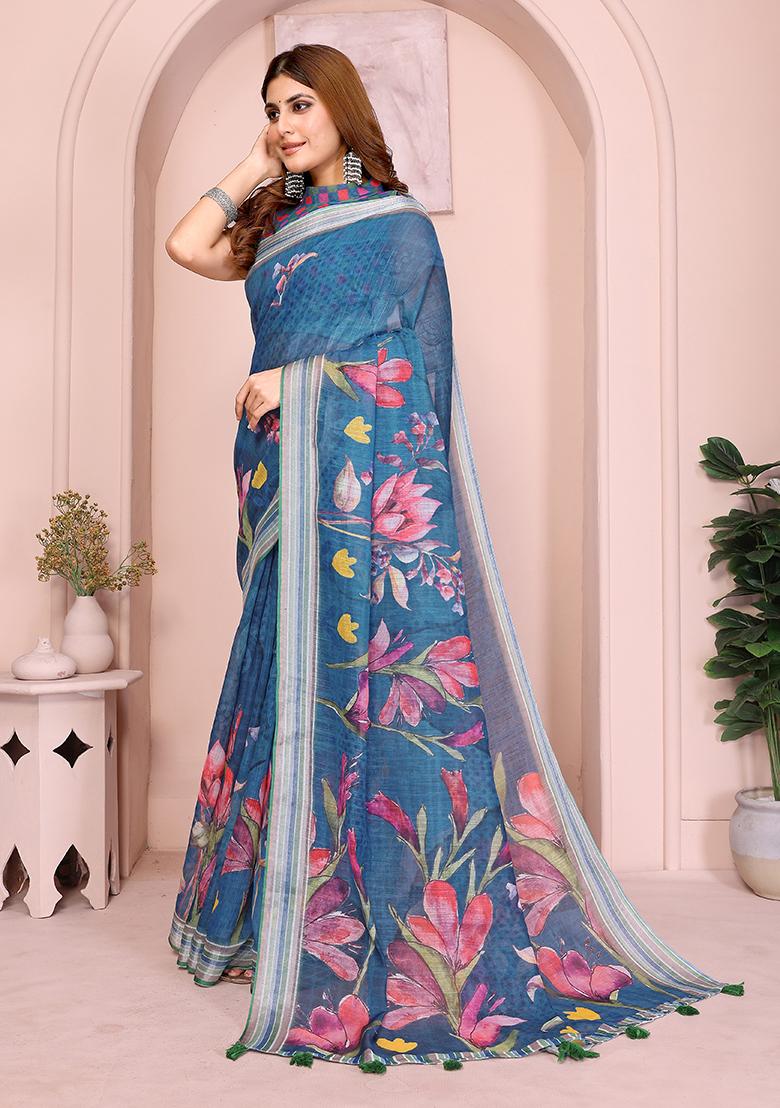 Sea Blue Printed Linen Saree Set - Indya