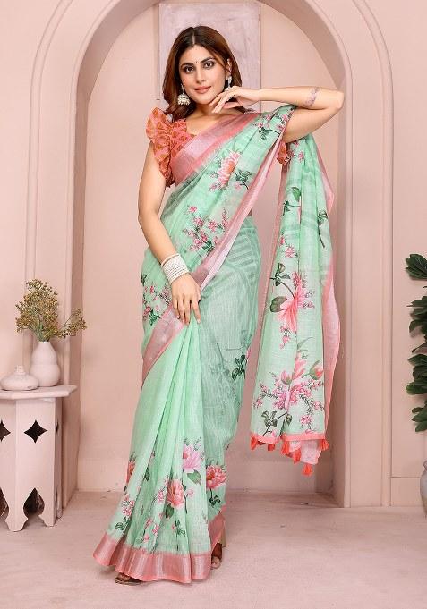 Sea Green Printed Linen Saree Set