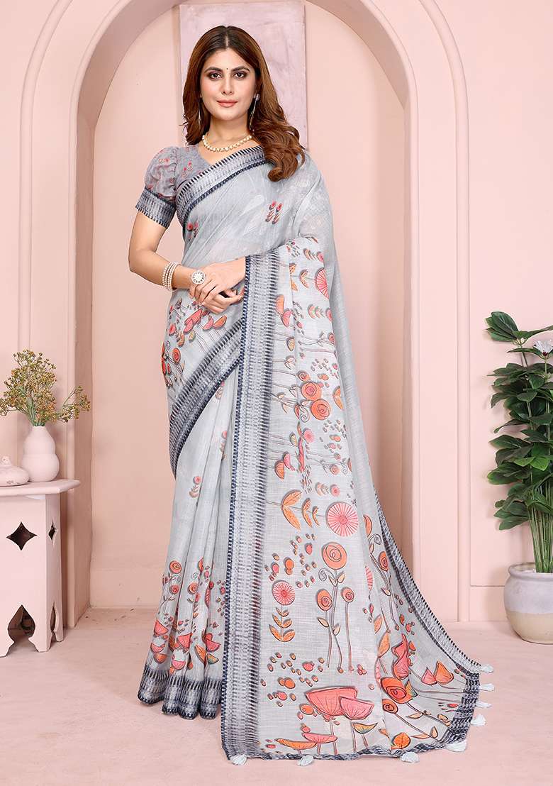 Grey Printed Linen Saree Set for Diwali and Festive Wear - Indya