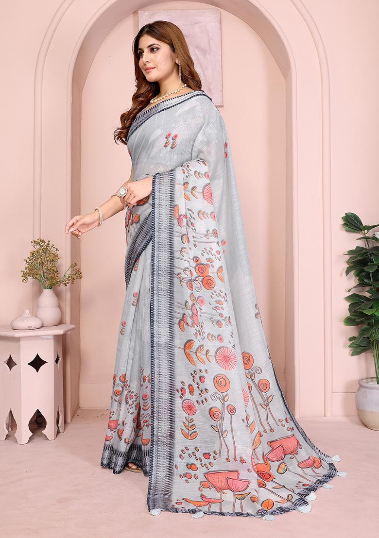 Grey Printed Linen Saree Set - Indya