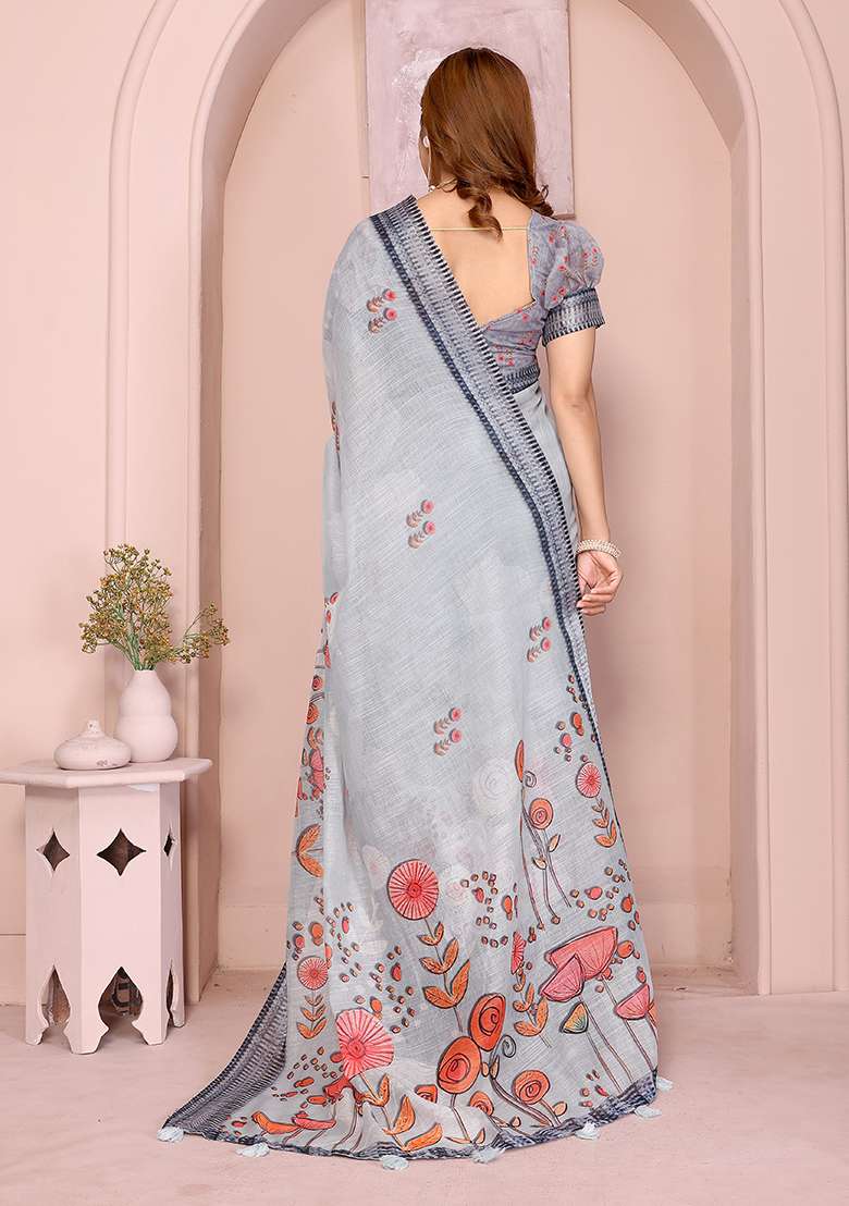 Grey Printed Linen Saree Set for Diwali and Festive Wear - Indya