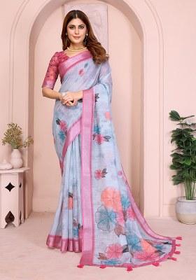 Grey Printed Linen Saree Set