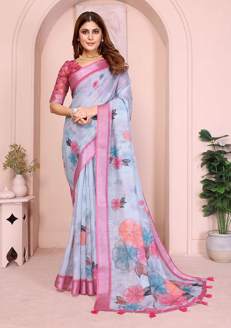 Grey Printed Linen Saree Set for Diwali and Festive Wear - Indya