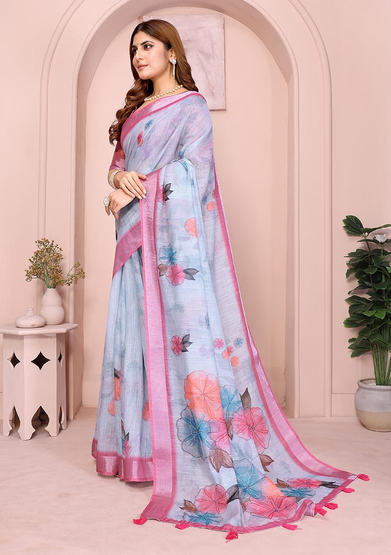 Grey Printed Linen Saree Set - Indya