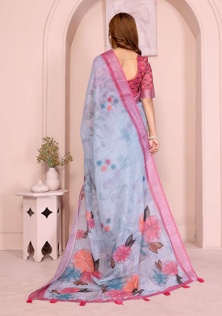 Grey Printed Linen Saree Set for Diwali and Festive Wear - Indya