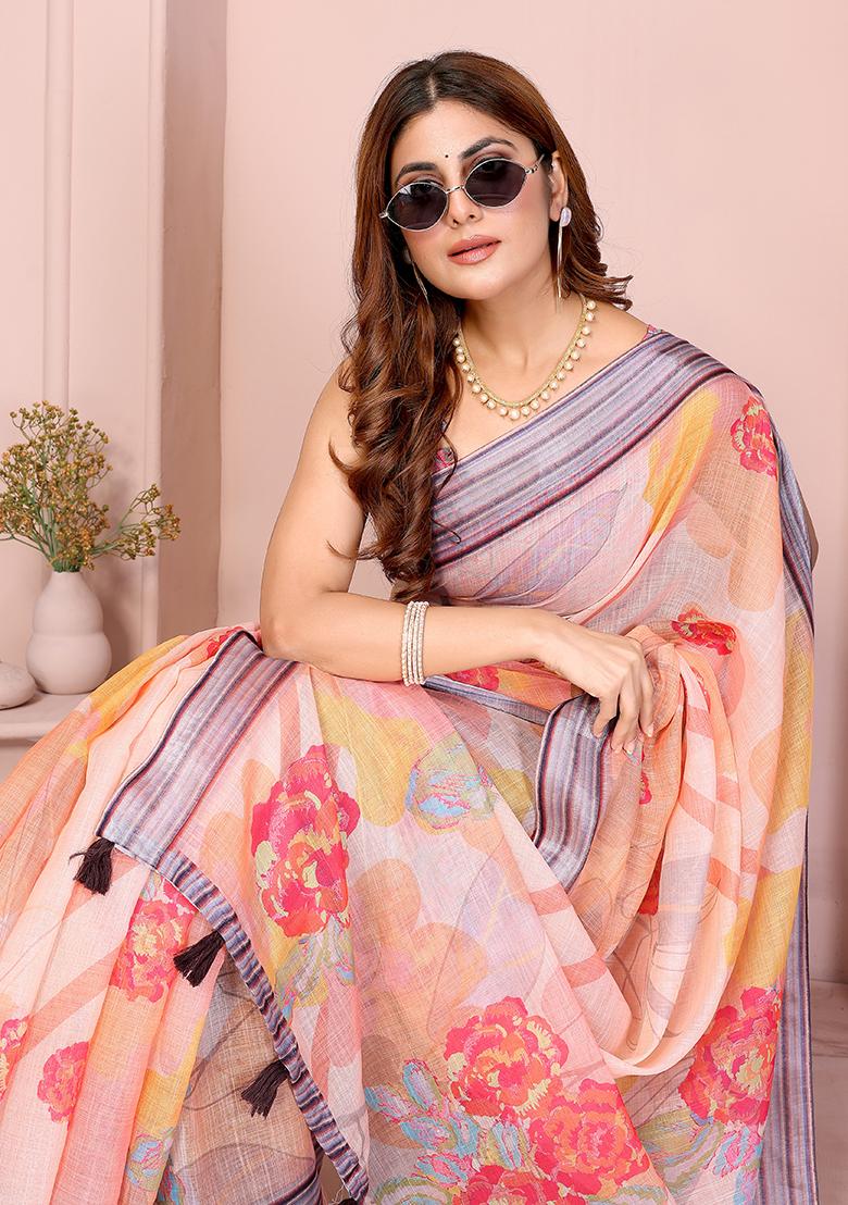 Peach Printed Linen Saree Set - Indya