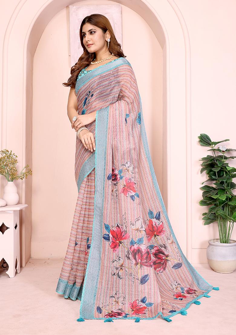 Peach Printed Linen Saree Set - Indya