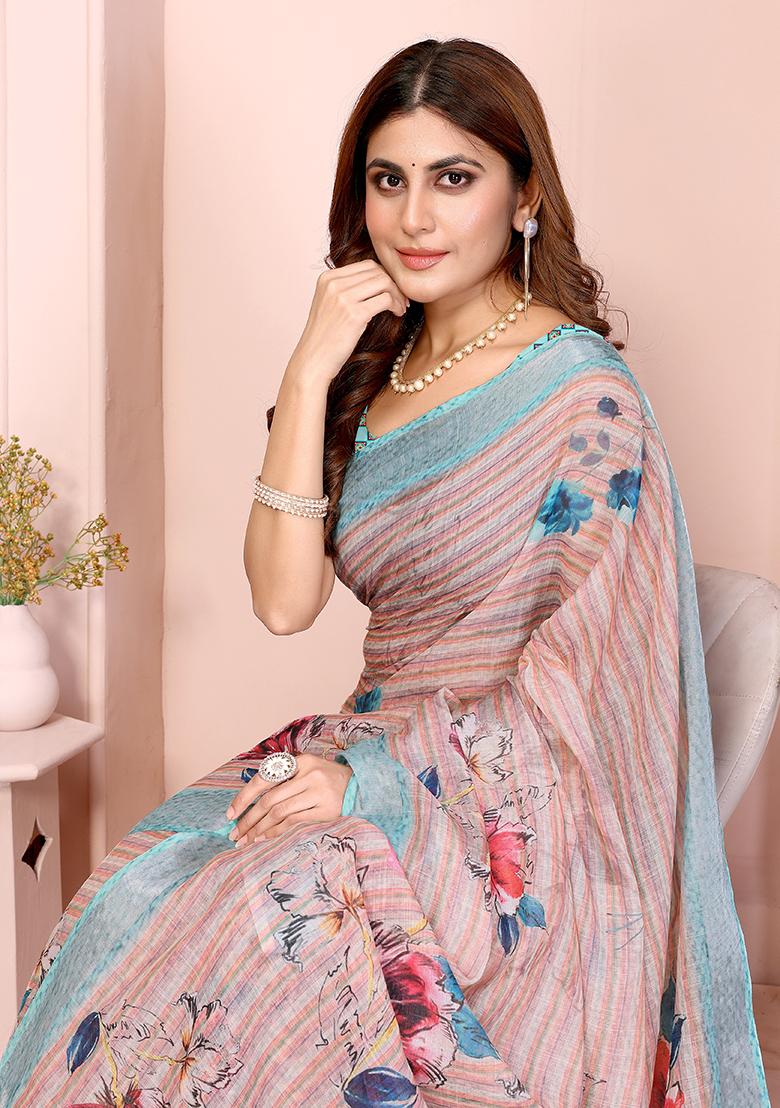 Peach Printed Linen Saree Set - Indya