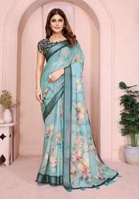 Rama Green Printed Linen Saree Set