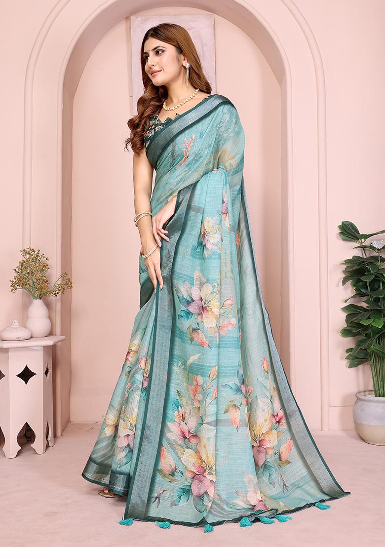 Rama Green Printed Linen Saree Set - Indya