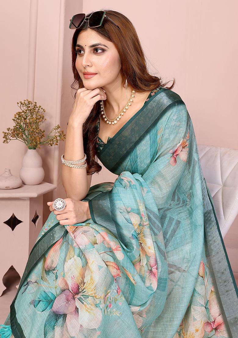 Rama Green Printed Linen Saree Set - Indya
