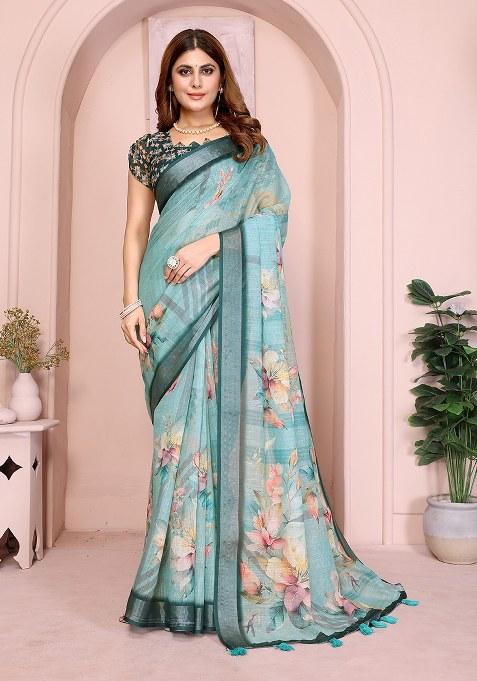 Rama Green Printed Linen Saree Set