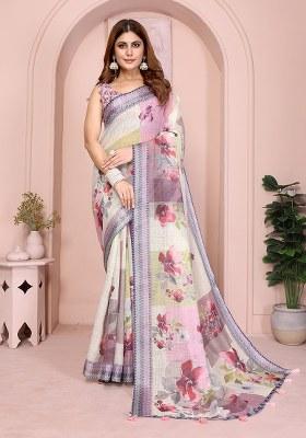 White Printed Linen Saree Set