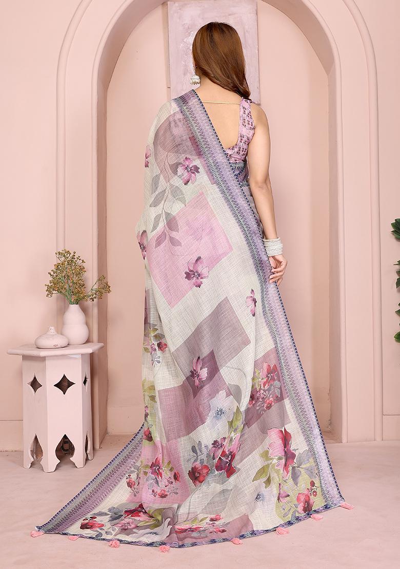 White Printed Linen Saree Set - Indya