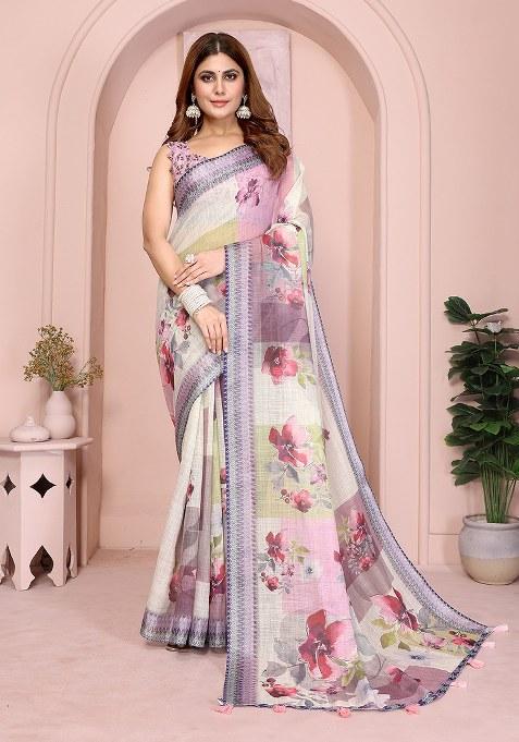White Printed Linen Saree Set