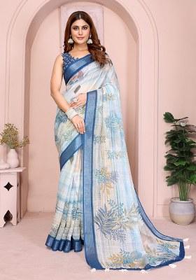 White Printed Linen Saree Set