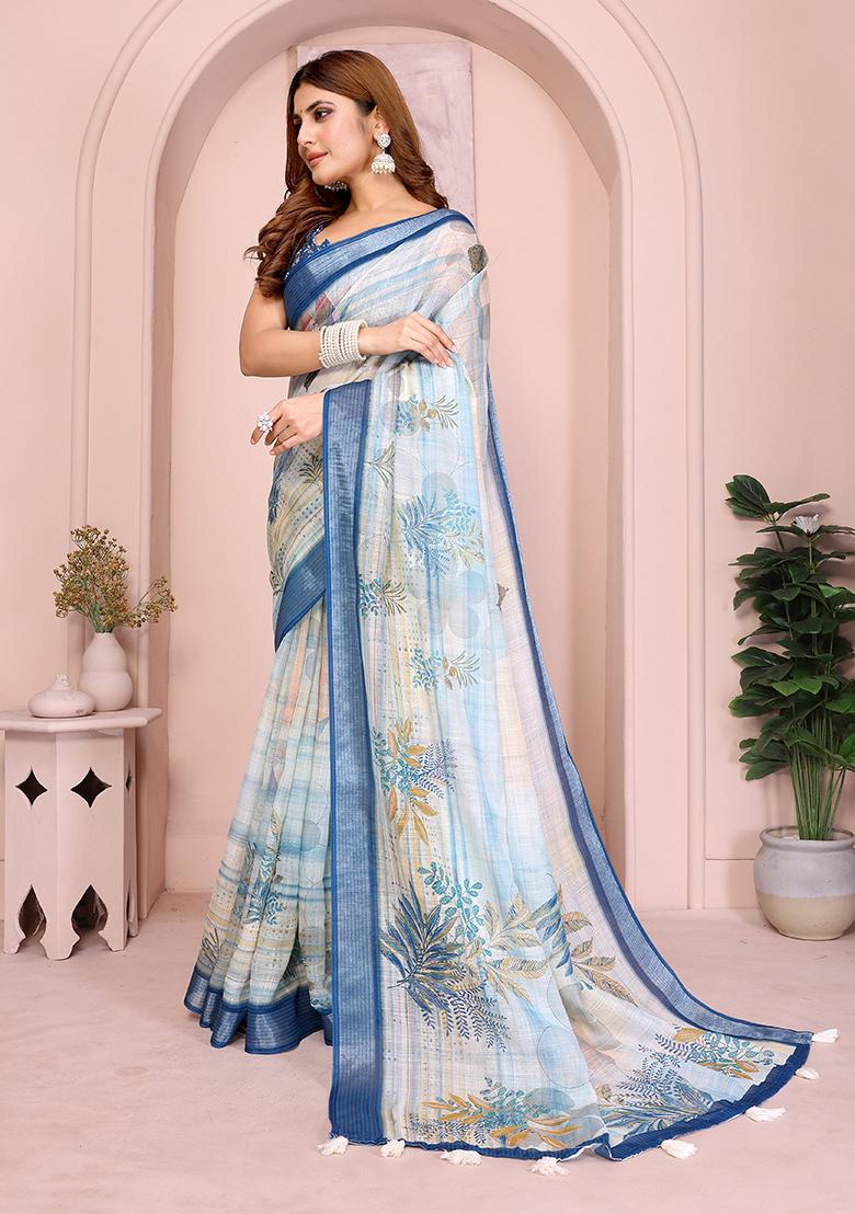 White Printed Linen Saree Set - Indya