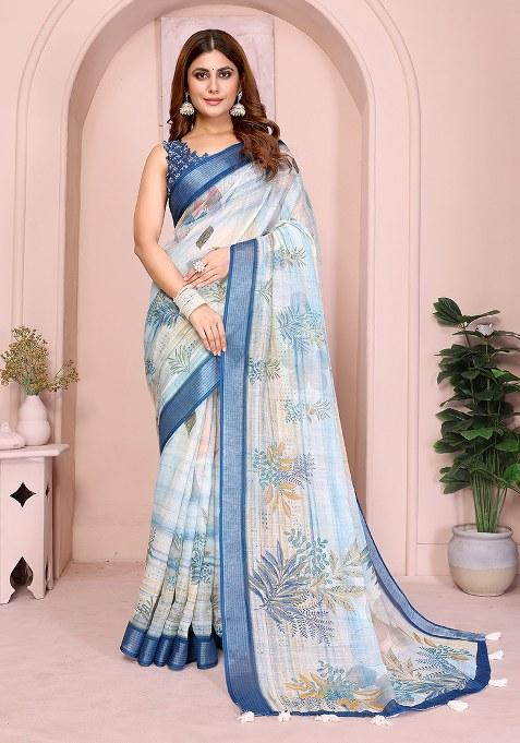 White Printed Linen Saree Set