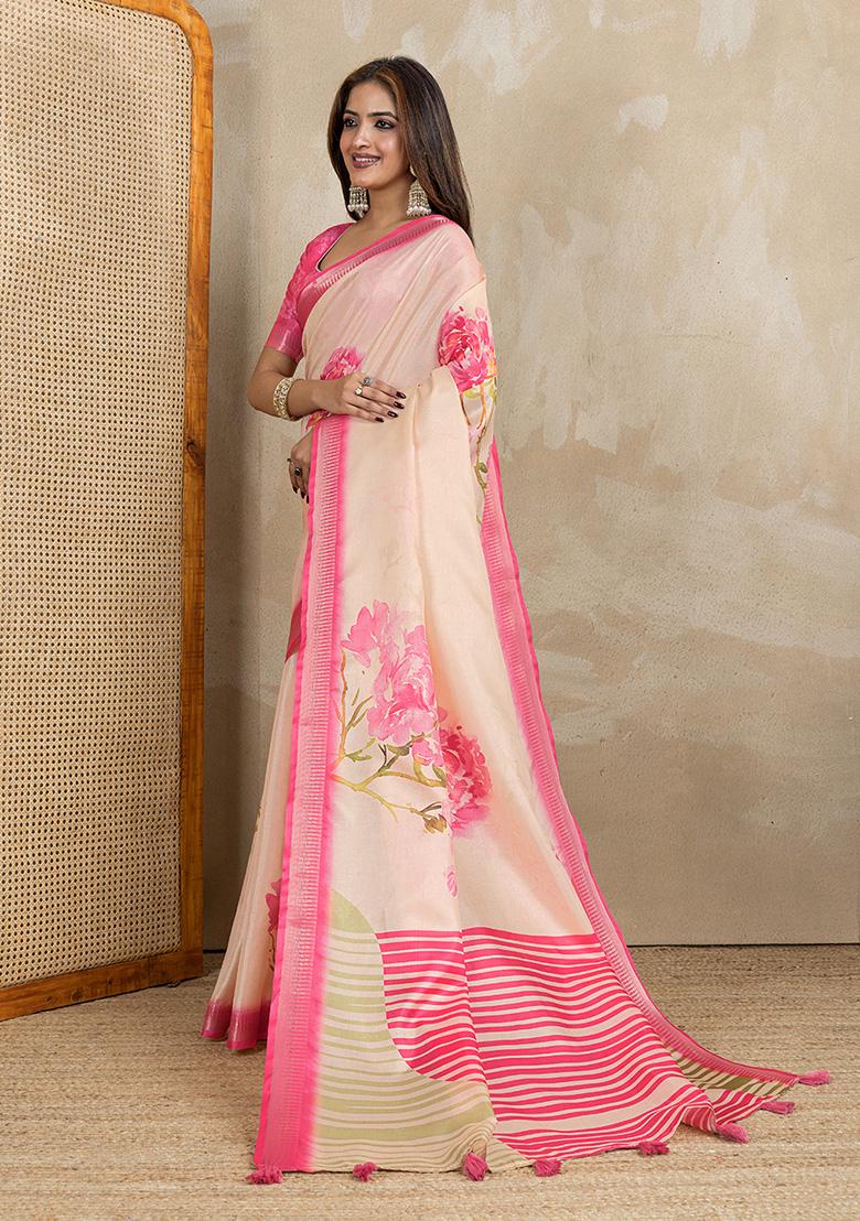 Beige Printed Silk Saree Set - Indya